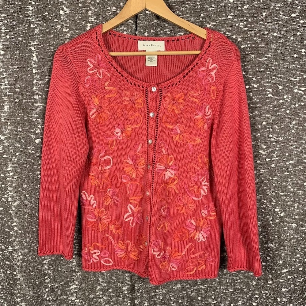Susan Bristol Pink Floral‎ Knit Cardigan Sweater Boho Cottage Women's Medium
